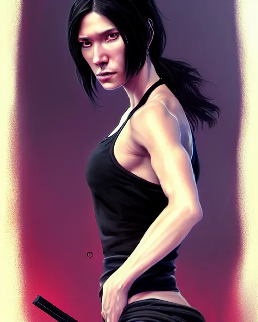 Prompt: female john wick wearing black halter top, perfect face, black hair, abs, cinematic, stunning, athletic, strong, agile, highly detailed, psychedelic, digital painting, artstation, smooth, hard focus, illustration, art by jessica rossier and and brian froud