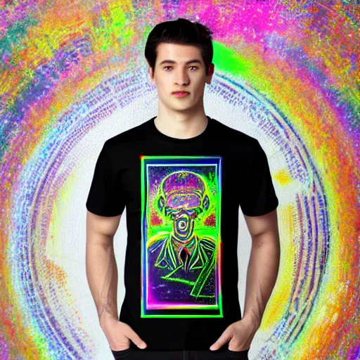 Prompt: mockup of a black tshirt with a hyperdetailed trippy portrait of a atompunk robot by hajime sorayama, 8 k, symetrical, flourescent colors, trippy mood, multicolored,