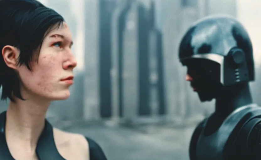 Image similar to cinestill 5 0 d candid photographic portrait by helen levitt of a feminine male android wearing black techwear on a brutalist dystopian spaceship, extreme closeup, modern cyberpunk moody emotional love cinematic, garden terraces solar storm, 8 k, hd, high resolution, 3 5 mm, f / 3 2, ultra realistic faces, ex machina