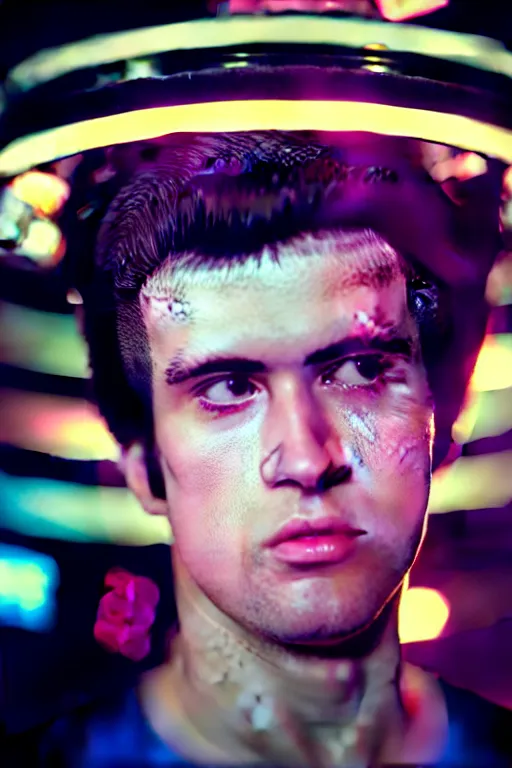 Image similar to an ultra high definition telephoto portrait cyberpunk 7 0 s diner film set photograph of a young man with short messy brown hair triangle head puffy cheeks narrow chin high cheek bones confused expression. wide angle close up. three point lighting. volumetric. refraction. imagined detail. soft focus ambient light sources. haze, light glare, art directed. filmic.