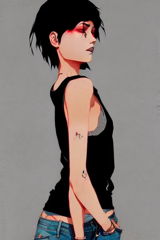 Prompt: a ultradetailed beautiful full body painting of a stylish woman with short hair, she is wearing a black tank top and jeans, by conrad roset, greg rutkowski and makoto shinkai trending on artstation