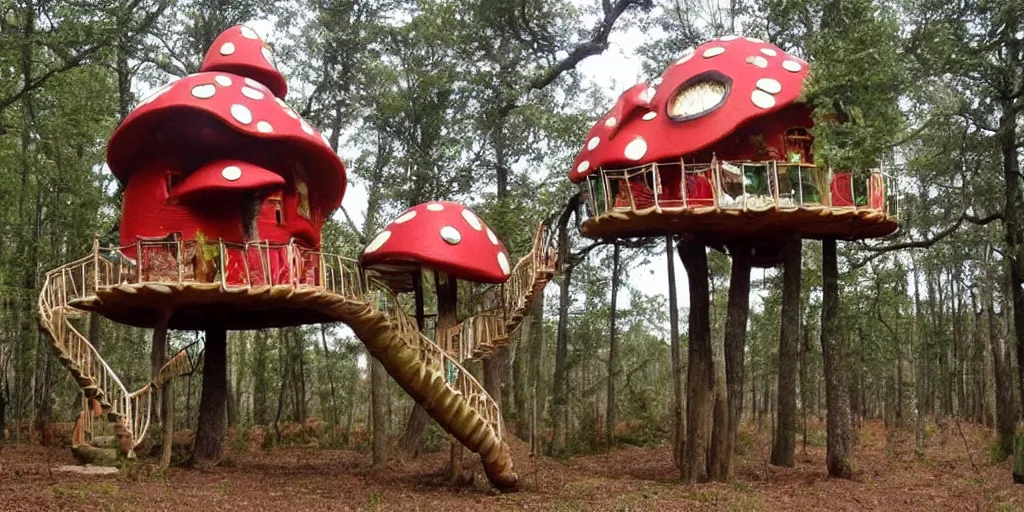 Prompt: treehouse made from an enormous amantia muscaria mushroom