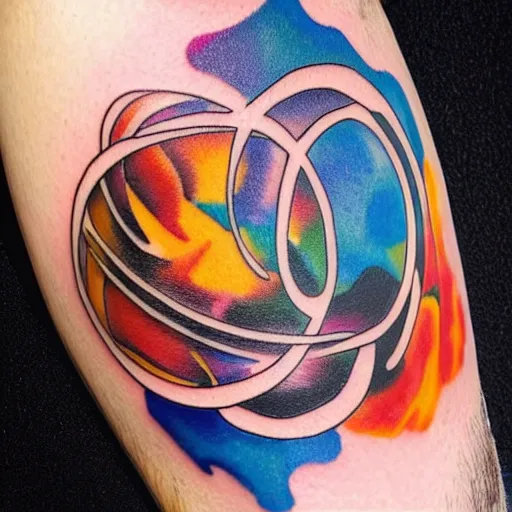 Prompt: tattoo design of abstract solar system with orbits and planets, thin lines of ink with colors