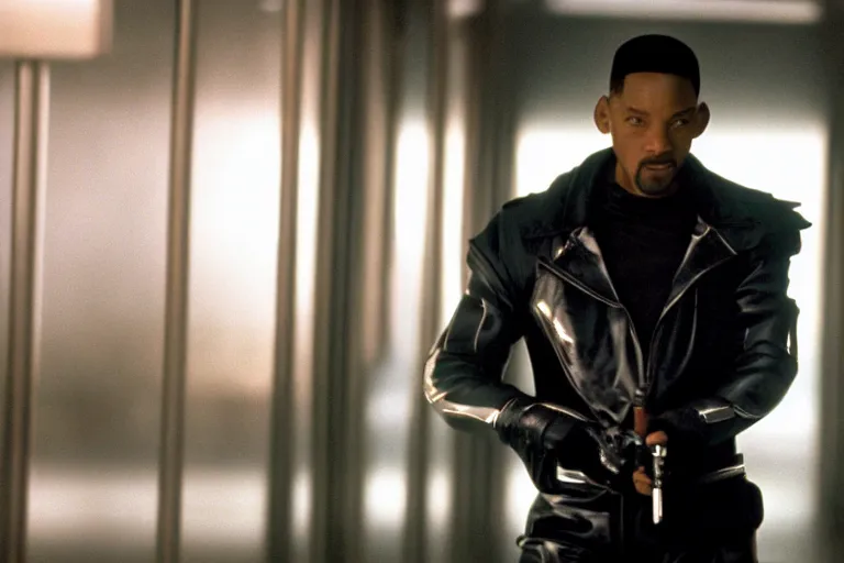 Prompt: cinematic still of will smith in Blade (2001), XF IQ4, f/1.4, ISO 200, 1/160s, 8K, RAW, dramatic lighting, symmetrical balance, in-frame