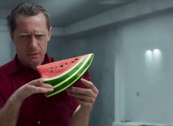 Prompt: film still of a man with a watermelon for a head in the new scifi movie, 4 k