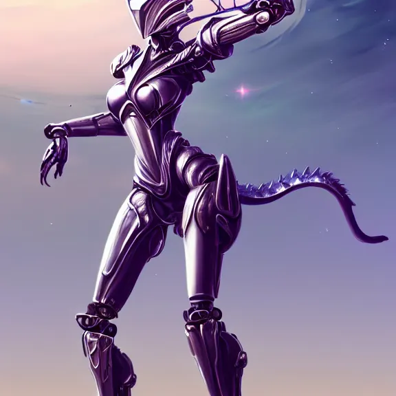 Image similar to extremely detailed giantess shot of a goddess that's a giant beautiful stunning anthropomorphic robot female dragon, standing majestically on a mountain, elegant pose, robot dragon claws, streamlined shiny silver metal armor, fuchsia skin, detailed sharp metal claws, long elegant tail, detailed warframe fanart, destiny fanart, high quality digital art, giantess art, furry art, warframe art, furaffinity, DeviantArt, artstation, 8k HD, octane render