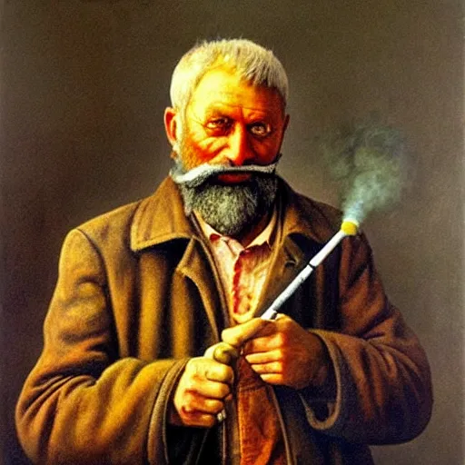 Prompt: painting of sailor hobo hyperrealism vasily vereshchagin holding a pipe