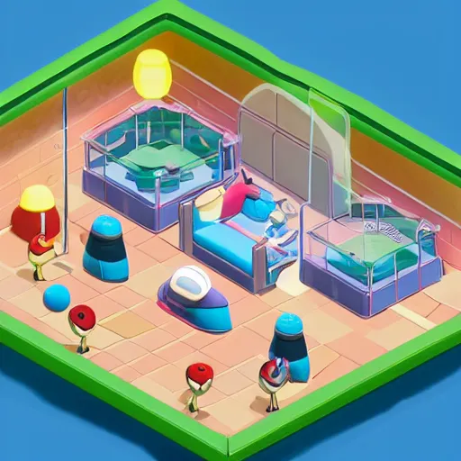 Image similar to a chubby cute pokemon gym room, 3 d illustration, isometric, 1 0 0 mm, studio lighting