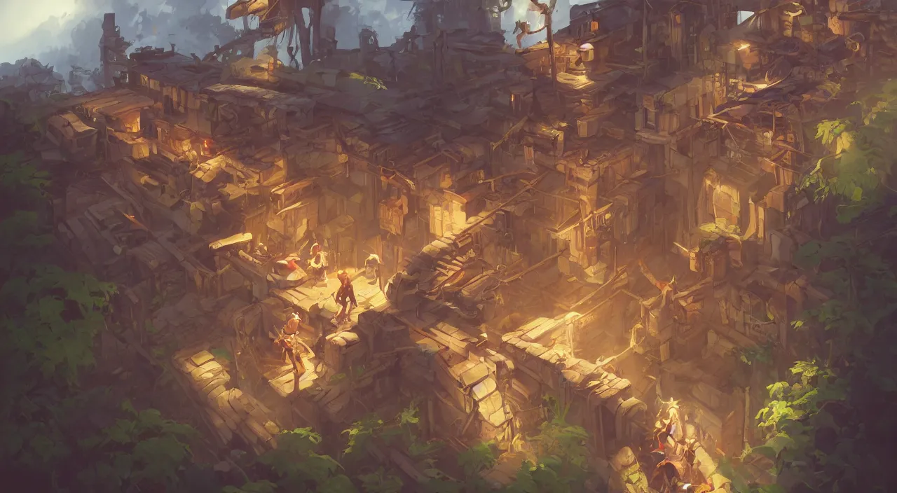 Image similar to open door wood wall fortress greeble block amazon jungle vanillaware post - processing illustration wide angle action dynamic portrait official fanart behance hd artstation by jesper ejsing, by rhads, makoto shinkai and lois van baarle, ilya kuvshinov, rossdraws