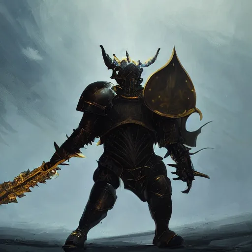 Image similar to anthropomorphic knight warrior wearing black and gold plate armor fighting a cyberdragon, oil painting, Tooth Wu, Greg Rutkowski, RPG, dynamic lighting, fantasy art, High contrast, depth of field, landscape, scenery