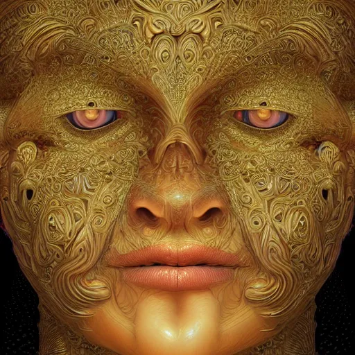 Prompt: beatifull frontal face portrait of a woman, mandelbrot fractal, symmetric, intricate, elegant, highly detailed, ornate, ornament, sculpture, elegant , luxury, beautifully lit, ray trace, octane render in the style of peter Gric and alex grey