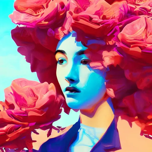 Image similar to closeup, huge rose flower head, portrait, girl in a suit, surreal photography, sunrise, blue sky, dramatic light, impressionist painting, digital painting, artstation, simon stalenhag