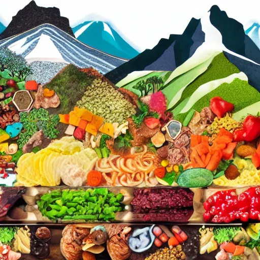 Prompt: a wideshot of a landscape of mountain range, made out of assorted food