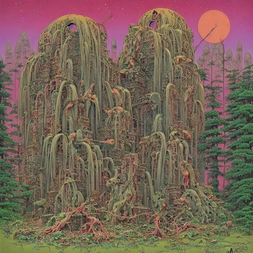 Image similar to ( ( ( ( ( sacred ancient ruins and guardian creatures in the forest ) ) ) ) ) by mœbius!!!!!!!!!!!!!!!!!!!!!!!!!!!, overdetailed art, colorful, record jacket