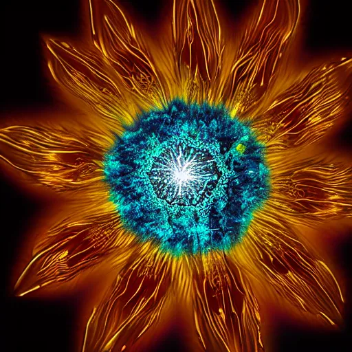 Prompt: a fractalizing crystalline sunflower, bioluminescent opal, magnificent lighting, ethereal, ray tracing