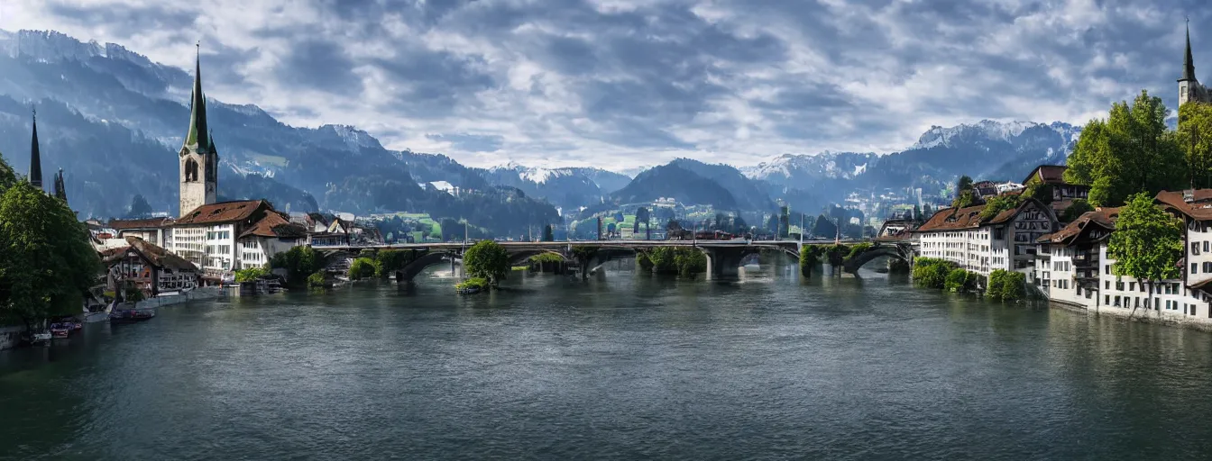 Prompt: Photo of Zurich, looking down the Limmat at the lake and the alps, Hardturm, Grossmünster, wide angle, volumetric light, hyperdetailed, mountain water, artstation, cgsociety, 8k