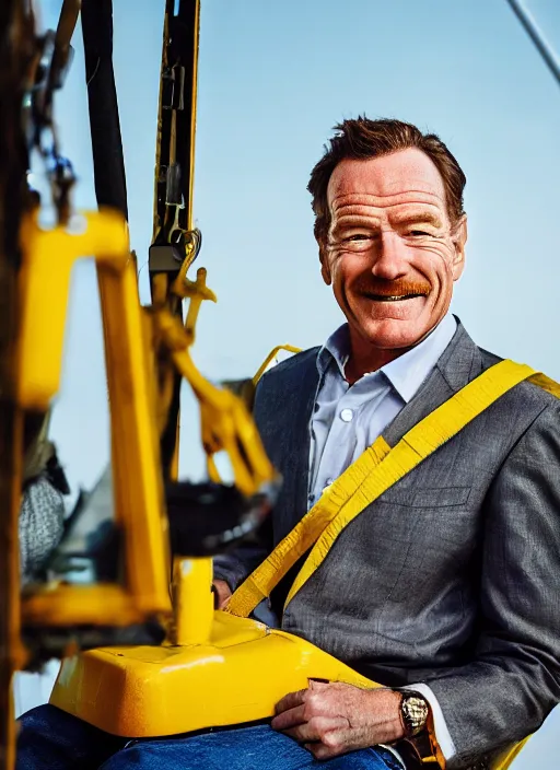 Image similar to closeup portrait of cheerful bryan cranston operating a crane, sitting in a crane, yellow hardhat, sitting in a crane, natural light, bloom, detailed face, magazine, press, photo, steve mccurry, david lazar, canon, nikon, focus