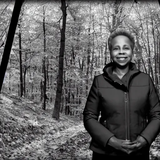 Prompt: chicago mayor lori lightfoot was spotted on woodland trail cam at midnight grayscale night vision