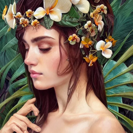 Image similar to Tropical Flowers, Watercolor, photorealistic, high resolution, award winning, trending on artstation, olive skin, long dark hair, beautiful bone structure, intricate, elegant, highly detailed, digital painting, artstation, concept art, smooth, sharp focus, illustration, art by artgerm and greg rutkowski and alphonse mucha