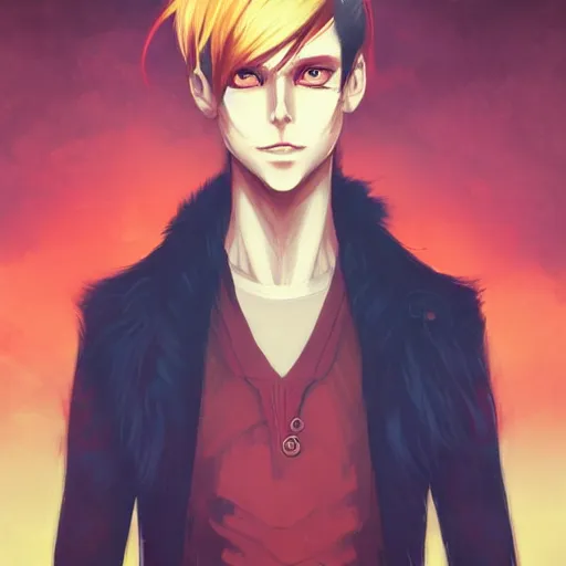 Image similar to headshot portrait of male anime character extremely sharp jaws slit yellow eyes medium red hair inspired by tom hiddleston by anato finnstark, tom bagshaw, brom