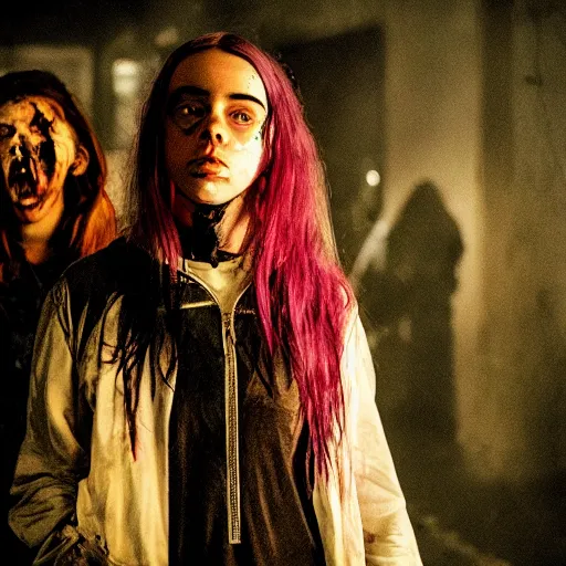 Image similar to Adult Billie Eilish as a zombie slayer, apocalypse, indie movie, movie still