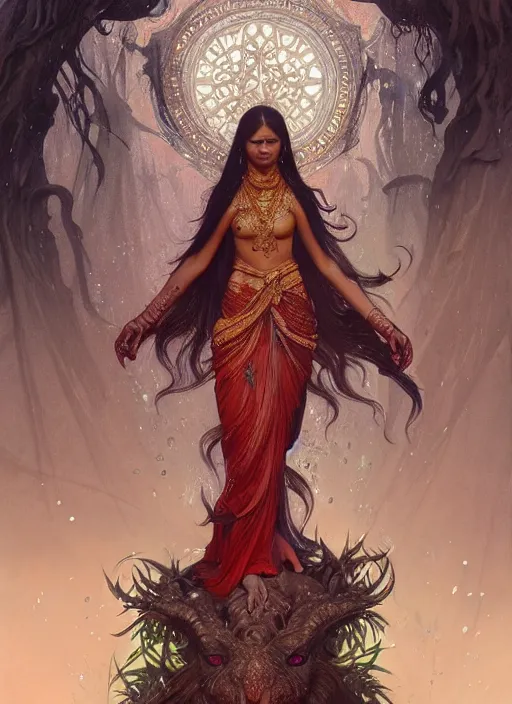 Image similar to kuntilanak on bayan tree, d & d, wet, shiny, fantasy, intricate, elegant, higly detailed, dramatically art, ultra definition, digital painting, artstation, concept art, smooth, sharp focus, illustration, art by artgerm and greg rutkowski and alphonse mucha and garis edelweiss and alex flores