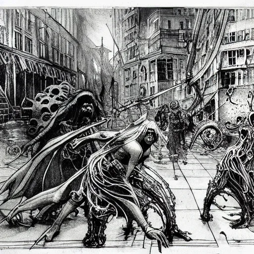 Image similar to the alchemical art of etching by master anders zorn. a lovecraftian horror destroying a city. ink highly detailed lines