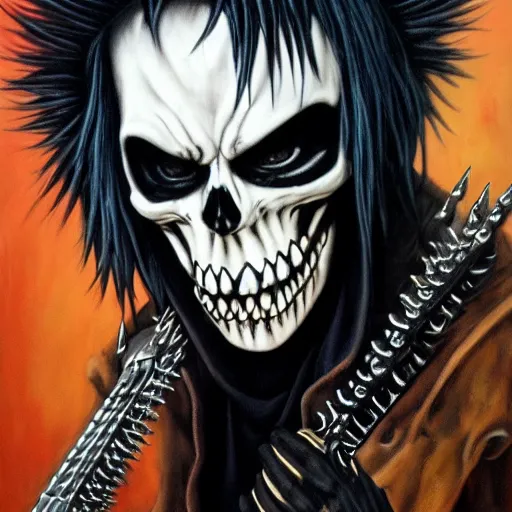 Image similar to a portrait of the grim reaper as a punk rocker playing an electric guitar, punk, skeleton face, mohawk, dark, fantasy, leather jackets, spiked collarsand wristbands, piercings, boots, ultrafine detailed oil on canvas painting by frank frazetta and vito acconci and and takeshi obata, death note style, symetric body, sharp focus