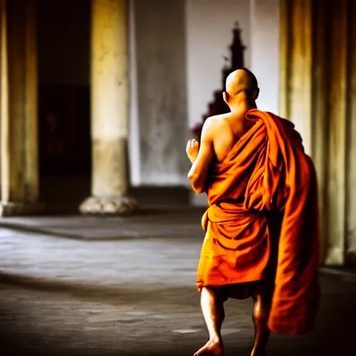 Prompt: Higj quality photo of a monk in a blissfull temple, 50 mm, Canon Mark II