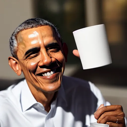 Prompt: Obama with Down Syndrome holding a cup of coffee, 4k