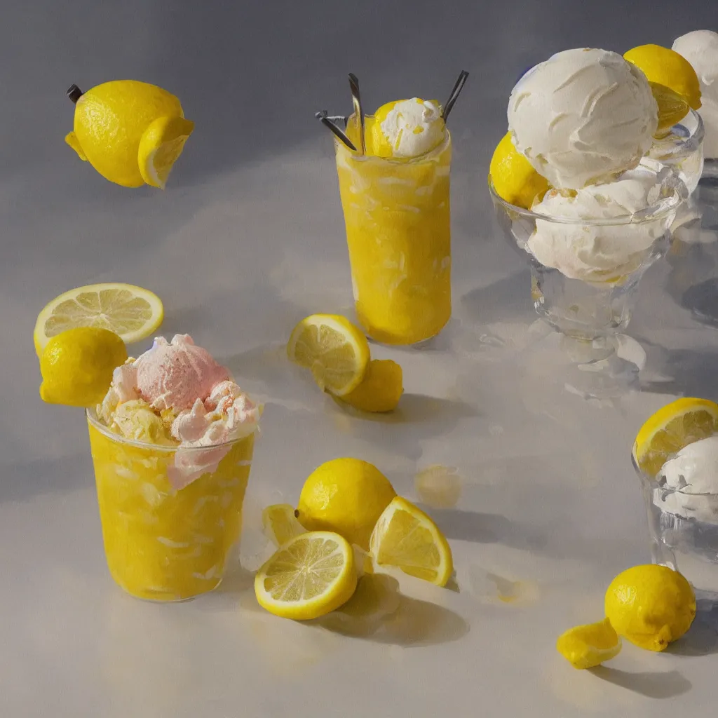 Prompt: a still life painting of cold drinks, ice cream, lemon embellishment, in the style of makoto shinkai, dreamy, soft, global illumination, radiant light, intricate environment, luminescence, highly detailed, 8 k