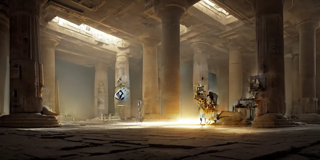 Prompt: sci fi robot repairshop inside of an egyptian temple, tuomas korpi, volumetric light, artstation, octane render, redshift render, low angle camera, intricate, 8 k, matte painting, volumetric lighting, cinematic composition, from avatar ( 2 0 0 9 ), artstation -