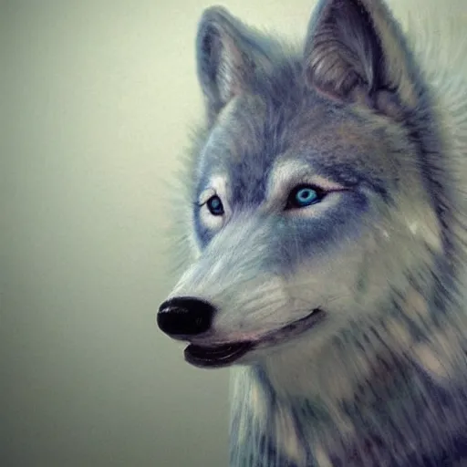 Prompt: pale blue wolf, pale green handkerchief, dark blue hair, dark blue spots, black nose, happy smile having fun, beige ears, beige mane, hyperrealistic, photo realistic, realistic, beautiful white lighting, in the middle of the day, hyperdetailed, very detailed, excellent composition