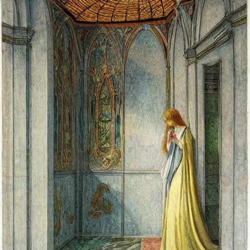 Prompt: a goddess in a liminal room, watercolor by leon battista alberti, limited color palette, very intricate, art nouveau, highly detailed, lights by hopper, soft pastel colors, minimalist