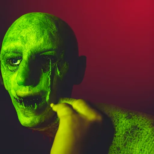 Image similar to a film still from a horror movie featuring a lime monster, scars on his face, photography, 8 k