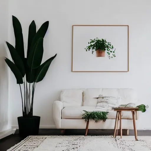 Prompt: minimalist mockup photo of large blank frame on floor with light wooden moulding, white background wall, boho carpet, one light potted plant, trending on etsy