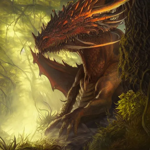 Prompt: oil painting of dragon in a forest, dnd character, fantasy, realistic textured skin, wolf head, glowing eyes, sharp focus, artgem, boris valejo, frank frazetta, heavy metal style, trending on artstation, digital painting, julie bell, beautiful, very detailed,