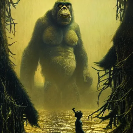 Image similar to King Kong in cinematic scene, fantasy art, in the style of John Atkinson Grimshaw, illustration, epic, fantasy, intricate, hyper detailed, artstation, concept art, smooth, sharp focus, ray tracing