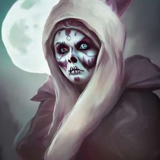 Image similar to portrait of a beautiful female gnome, skull facepaint, dark robes, moonlight, D&D, sharp focus, concept art, realistic, cinematic lighting, fantasy digital painting