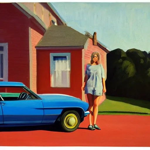 Image similar to Portrait with car, dated a woman that lived on Cooterneck Road, She had a catfish Camero and was cooler than me, by Edward Hopper and Bo Bartlett