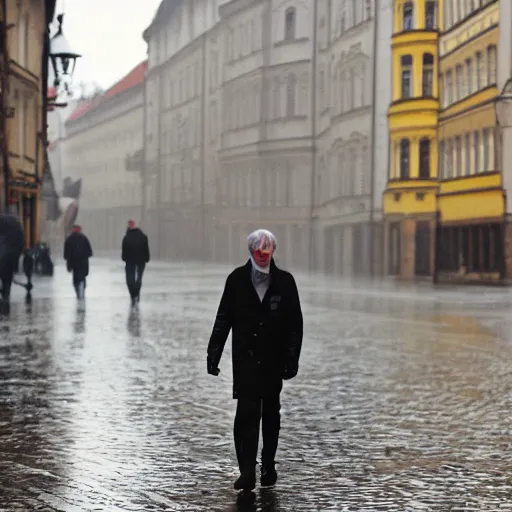 Prompt: an alien walks on a rainy street in prague, dlsr 5 5 mm