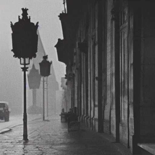 Prompt: a camera shot of paris in the 1970s, moody lighting