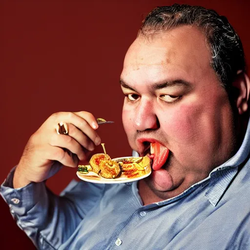 Prompt: closeup portrait of fat wealthy man eating dollar bills at a new york restaurant , by Steve McCurry and David Lazar, natural light, detailed face, CANON Eos C300, ƒ1.8, 35mm, 8K, medium-format print