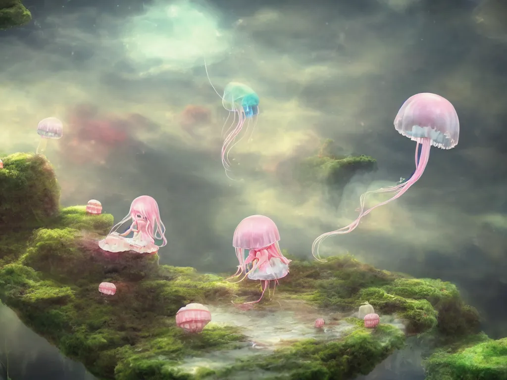 Image similar to cute fumo plush jellyfish girl sitting on a floating island, isometric projection, wisps of smoke and volumetric fog, vignette, vray