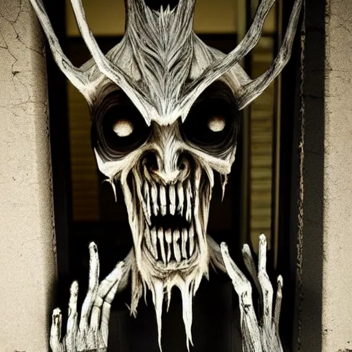 Image similar to wendigo on the outside of the window peaking in, spooky, realistic, clear, crisp, sharp, detailed
