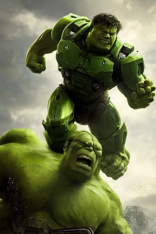 Image similar to master chief playing the hulk in the new avengers movie, oil on canvas, intricate, portrait, 8 k highly professionally detailed, hdr, cgsociety