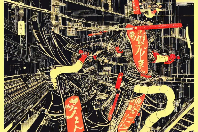 Image similar to futuristic japanese cyberpunk bladerunner silk screen by utagawa yoshiiku, ohara koson, pixiv contest winner, cyberpunk style, cyberpunk color scheme, mechanical, robotic, human machine interface, high resolution, hd