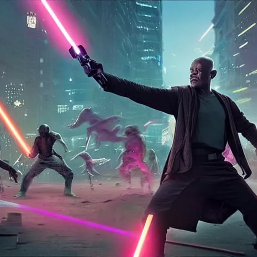 Image similar to mace windu holding a lightsaber fighting a group of dinosaurs in a destroyed cyberpunk city with lasers flying through the air by greg rutkowski