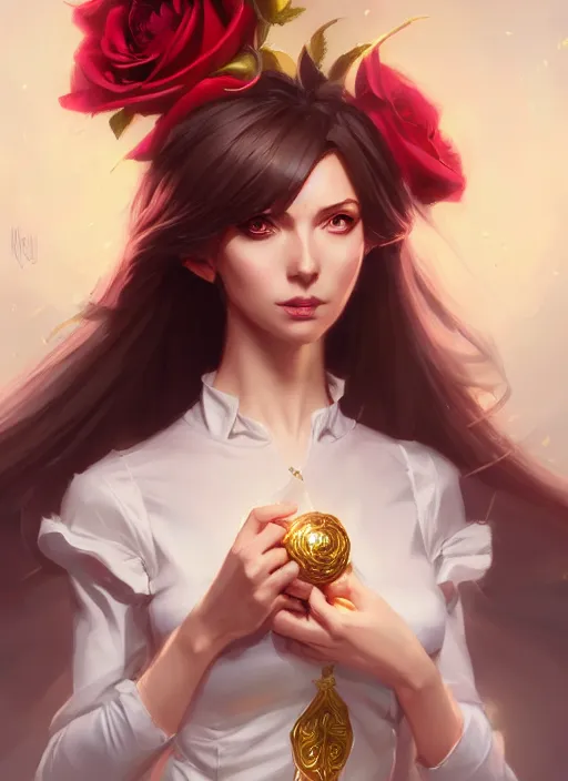 Image similar to female magician, wide angle view, roses, flowers, gold, diamonds, highly detailed, artgerm, cushart krenz, artstation, soft light, sharp focus, illustration, character design, concept art