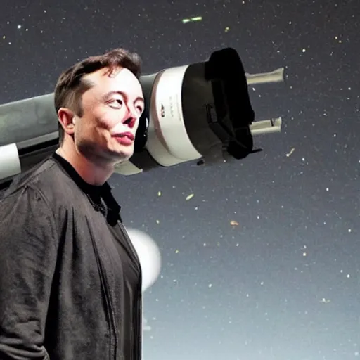 Prompt: photograph of elon musk carrying a minigun